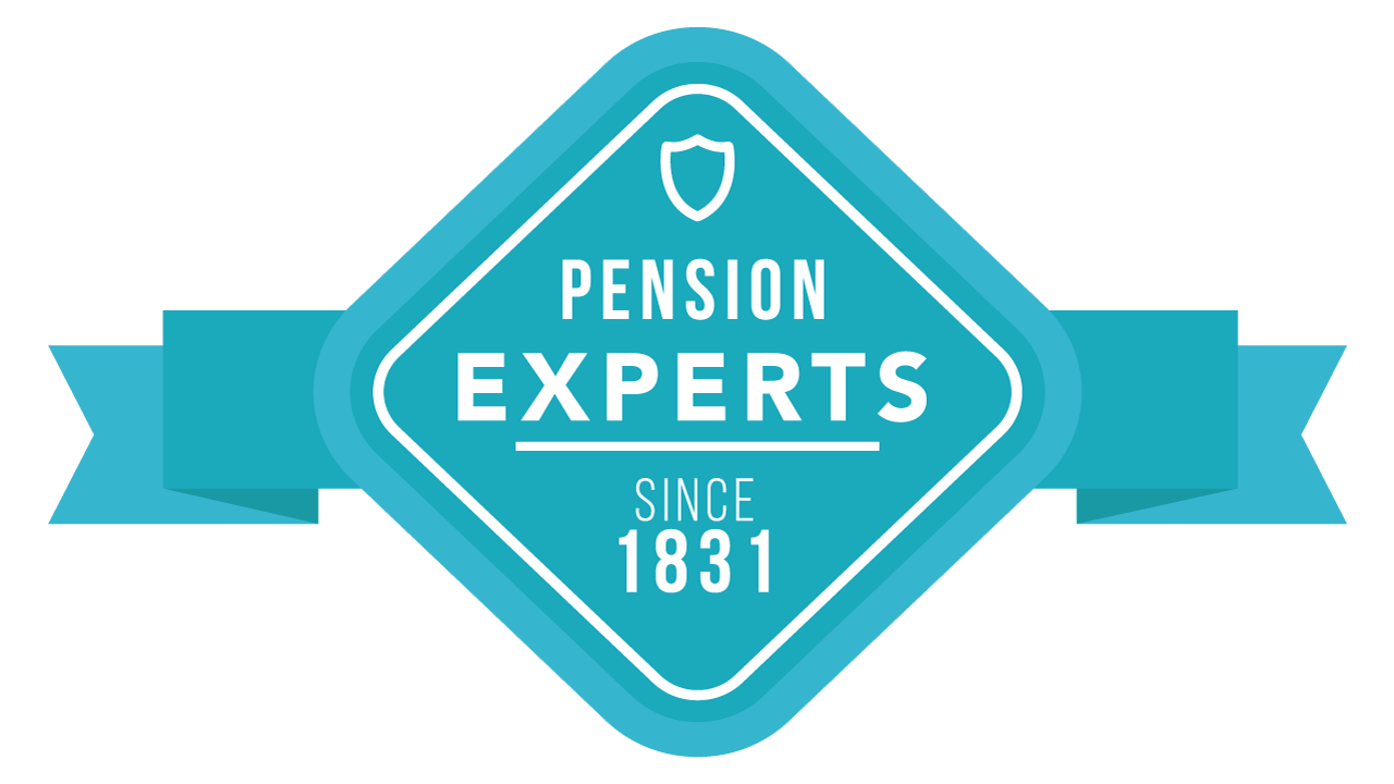 A blue and white emblem saying pension experts since 1831