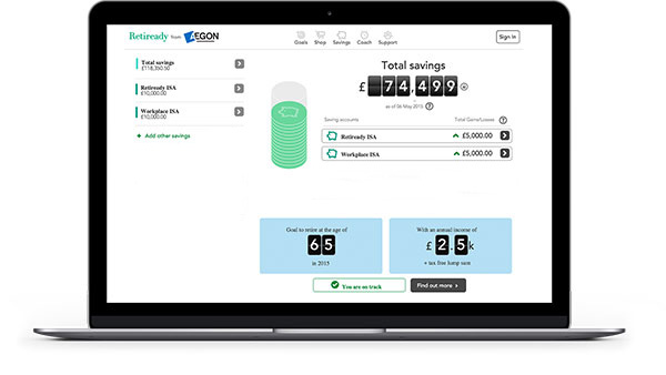 A modern laptop showing the total savings page from Retiready